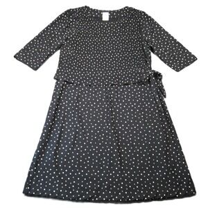 Vtg 80s Polka Dot Midi Dress XL Black White Tie Waist Pleated Work Office Career